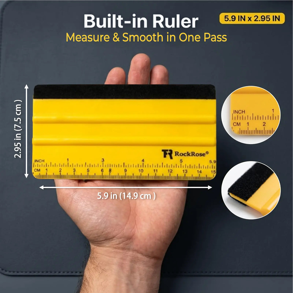 A RockRose yellow and black built-in ruler held in a hand, with text showing dimensions and two circular inset close-ups of the ruler and its texture.