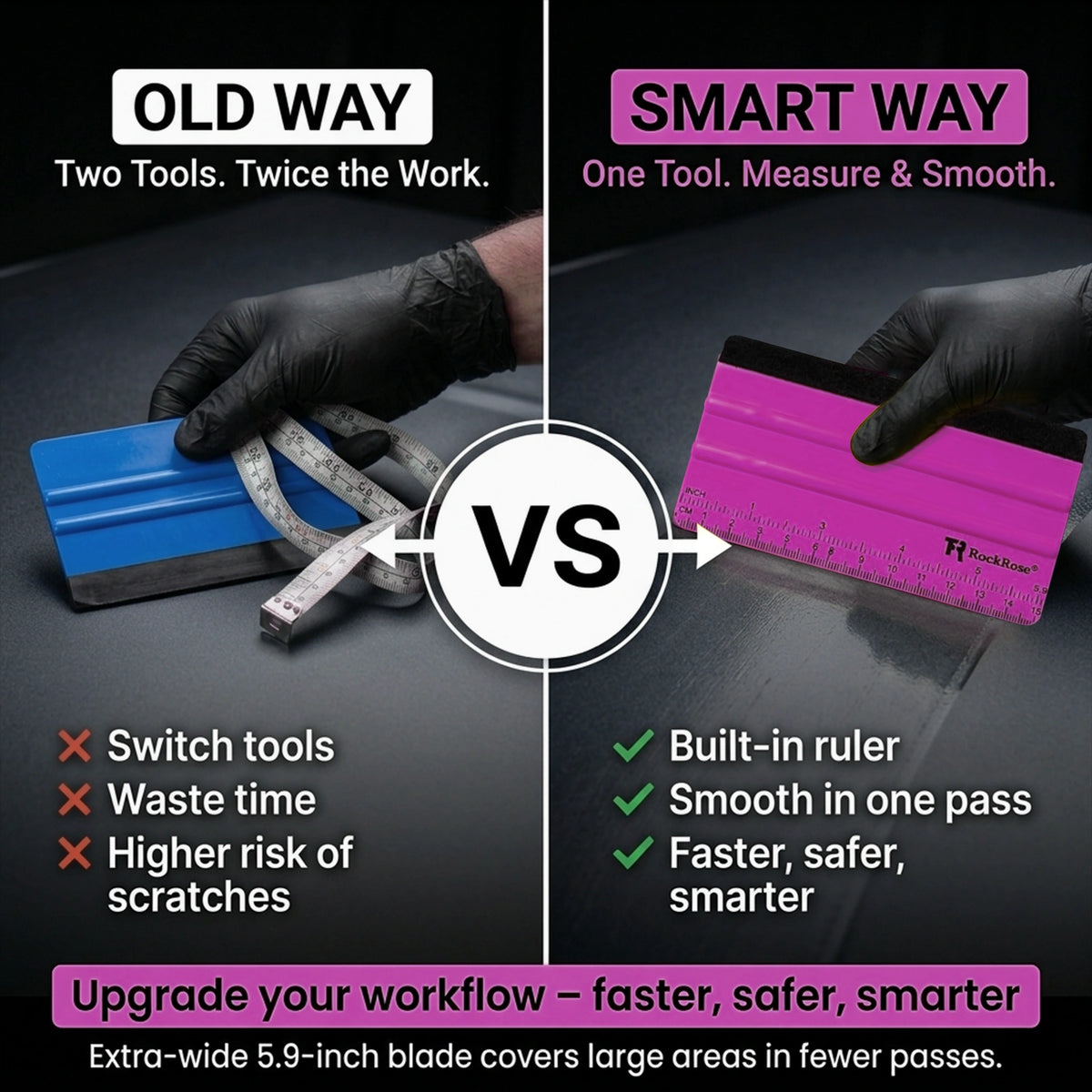 A split comparison graphic showing a hand using two squeegee-like smoothing tools side by side, labeled 'OLD WAY' in white and 'SMART WAY' in pink. The left side shows a blue tool, a pink-and-white tape measure, and a dark surface with text about switching tools and wasting time.