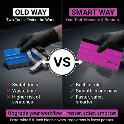 A split comparison graphic showing a hand using two squeegee-like smoothing tools side by side, labeled 'OLD WAY' in white and 'SMART WAY' in pink. The left side shows a blue tool, a pink-and-white tape measure, and a dark surface with text about switching tools and wasting time.