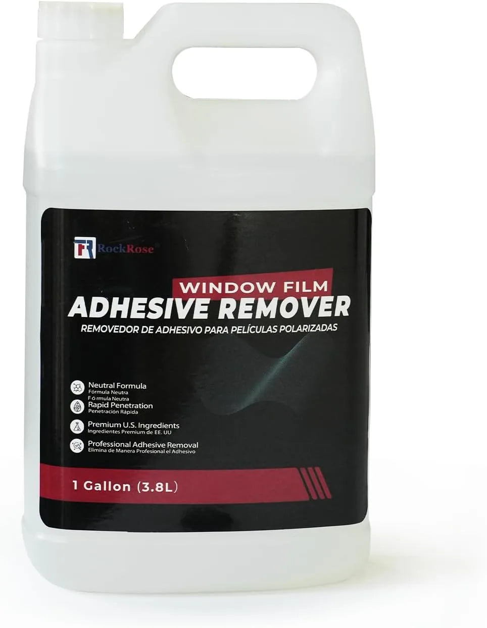 A 1 gallon white plastic jug of Rose Window Film Adhesive Remover with a black and red label, set against a plain white background.