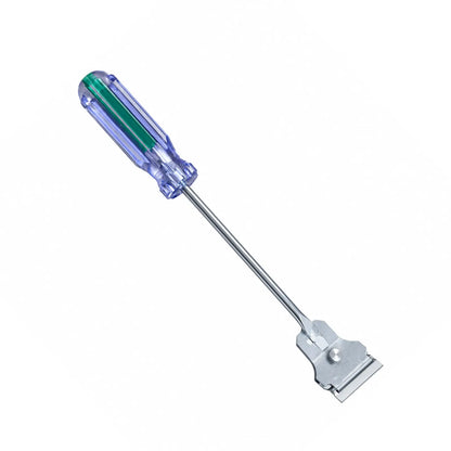 A  Metal Window Tint Scraper with a clear plastic handle showing green and blue internal layers, attached to a long silver metal shaft and a metal scraper blade, isolated on a white background.