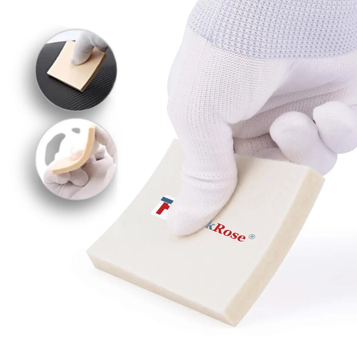 A white knit work glove pressing down on a beige wool squeegee with a visible Rose logo, shown on a white background with two circular inset demonstration images.