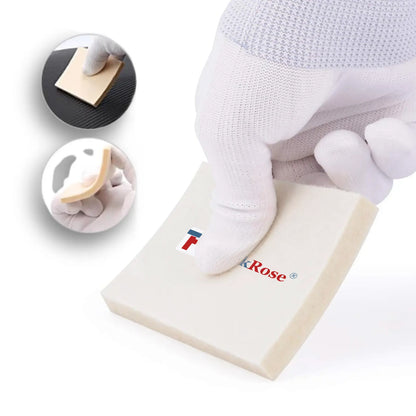 A white knit work glove pressing down on a beige wool squeegee with a visible Rose logo, shown on a white background with two circular inset demonstration images.