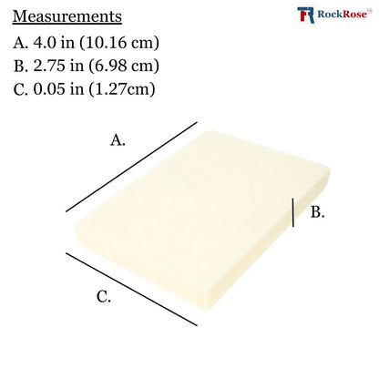 A measurement diagram for a wool squeegee labeled dimensions: A, B, and C, with text listing measurements in inches and centimeters. The product is shown as a cream-colored rectangular cushion on a white background, with the RockRose logo in the top right.