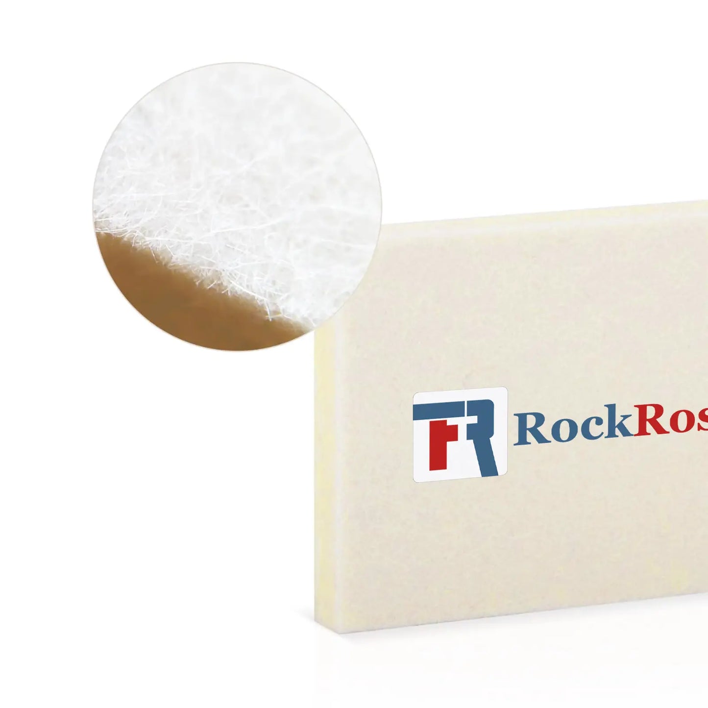 A close-up of a light beige wool squeegee product with a visible RockRoss logo, alongside a circular inset showing a white fibrous texture against a tan surface.