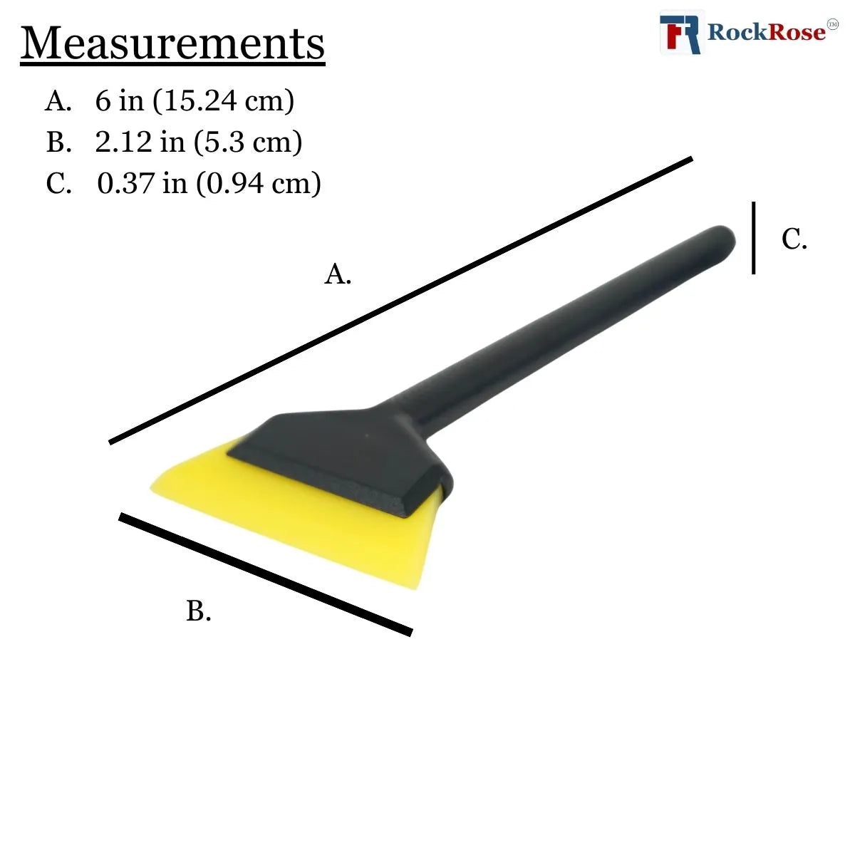 Black and yellow mini squeegee showing a measurements of the product with rockrose logo