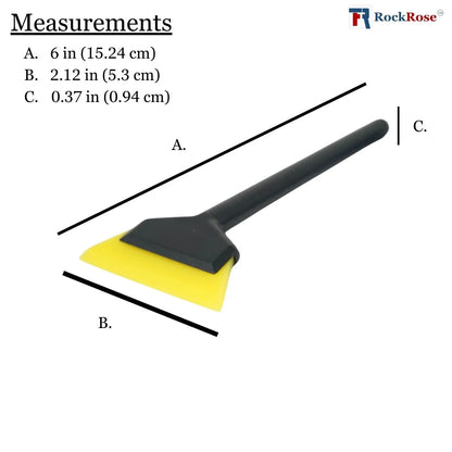 Black and yellow mini squeegee showing a measurements of the product with rockrose logo