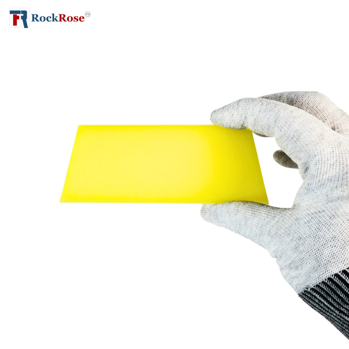 Hand wearing a white glove holding a yellow squeegee with RockRose logo in the corner.