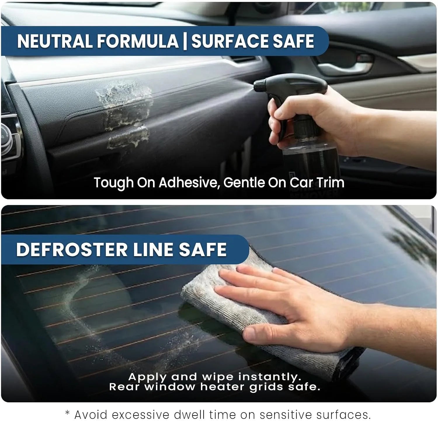Person cleaning car interior with a neutral formula surface safe product.