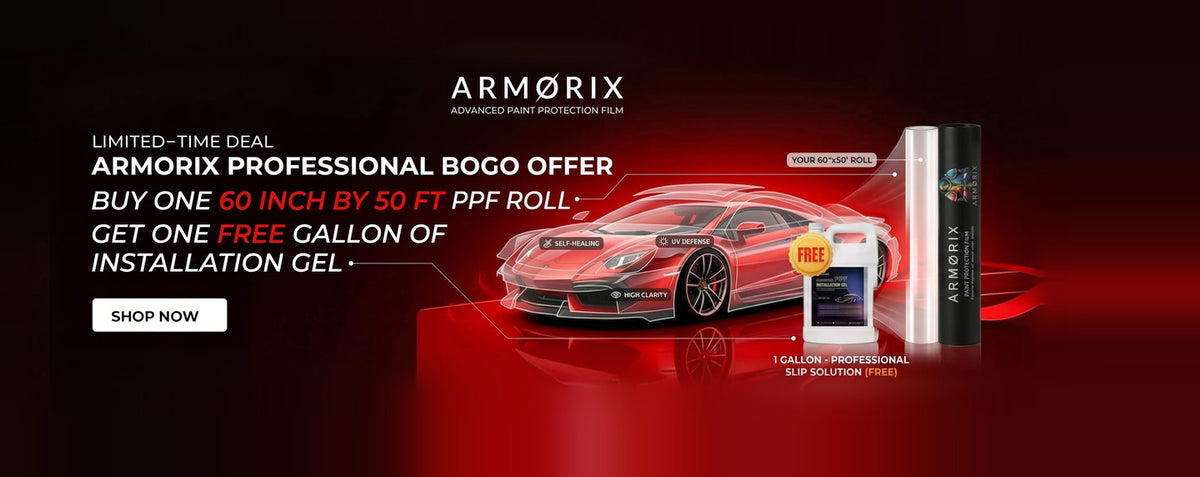 Armorix Professional BOGO offer: buy one 60 inch by 50 ft PPF roll, get one free gallon of installation gel