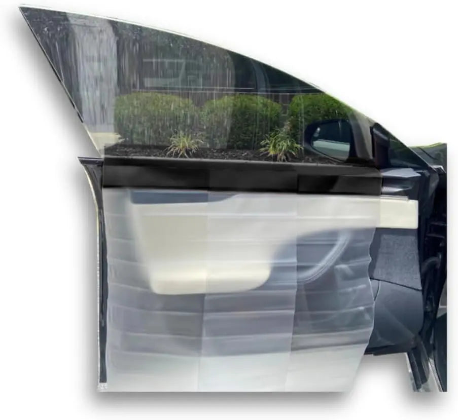 Black car door panel protector with a clear protective film on a white background