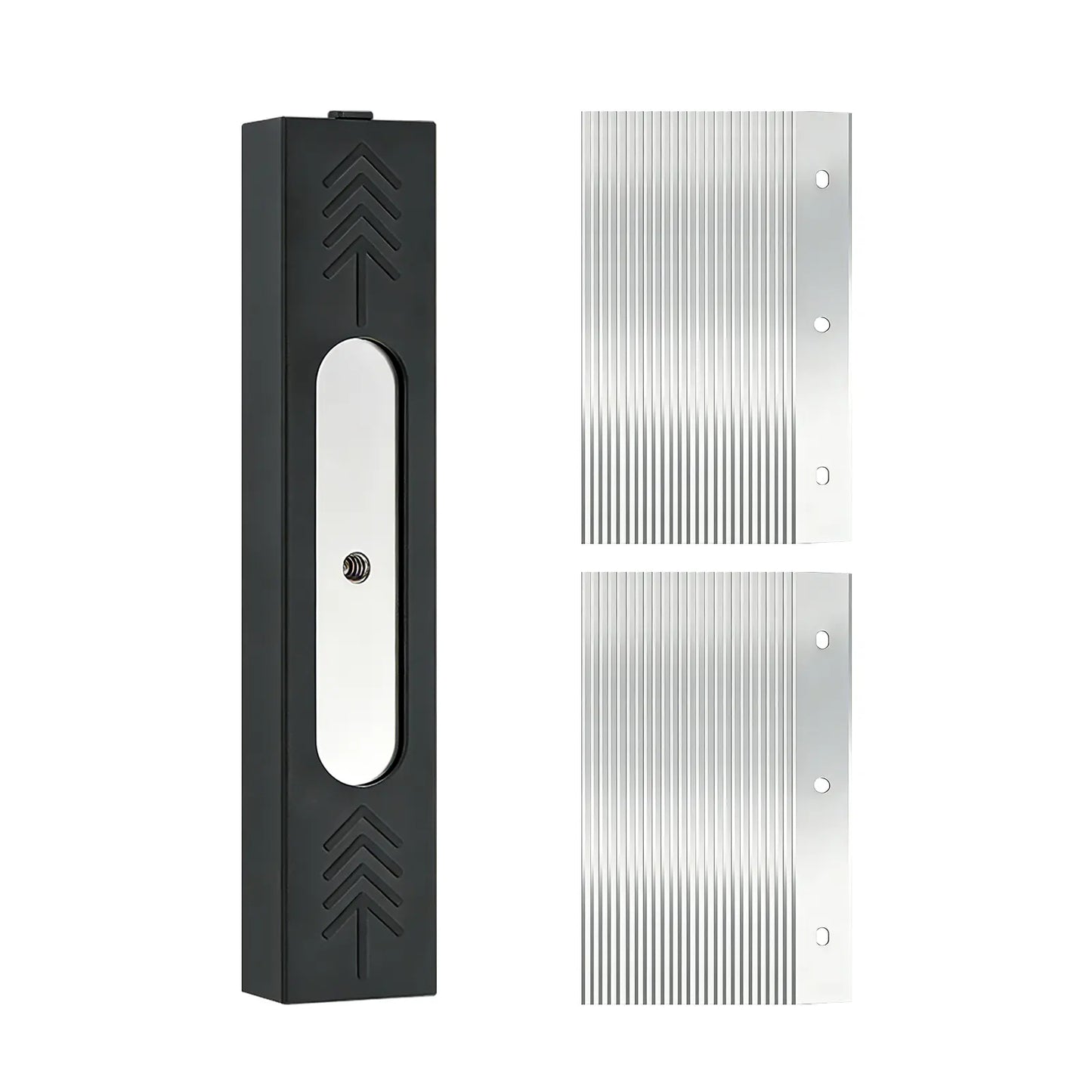 Black and stainless metal blades with holder with two stainless plates on a white background