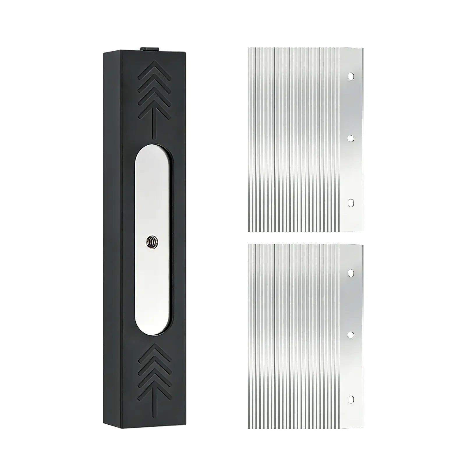 Black and stainless metal blades with holder with two stainless plates on a white background