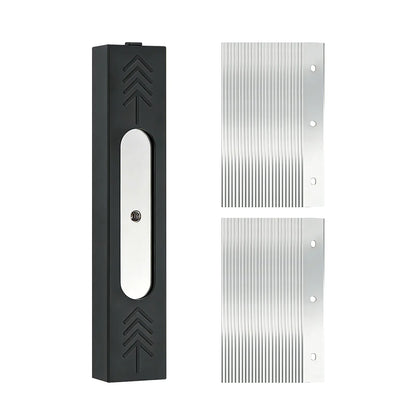 Black and stainless metal blades with holder with two stainless plates on a white background