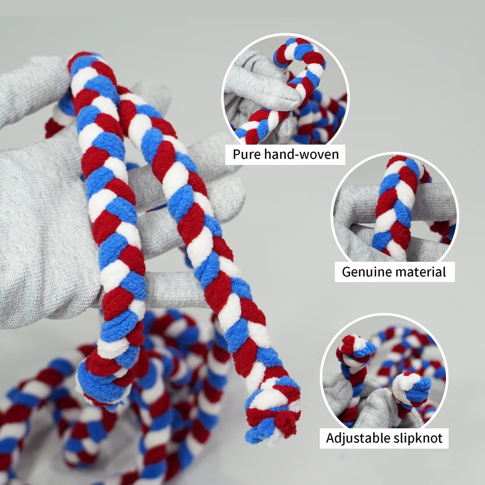 Red, white, and blue braided rope with close-up details on a gray background
