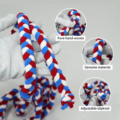 Red, white, and blue braided rope with close-up details on a gray background