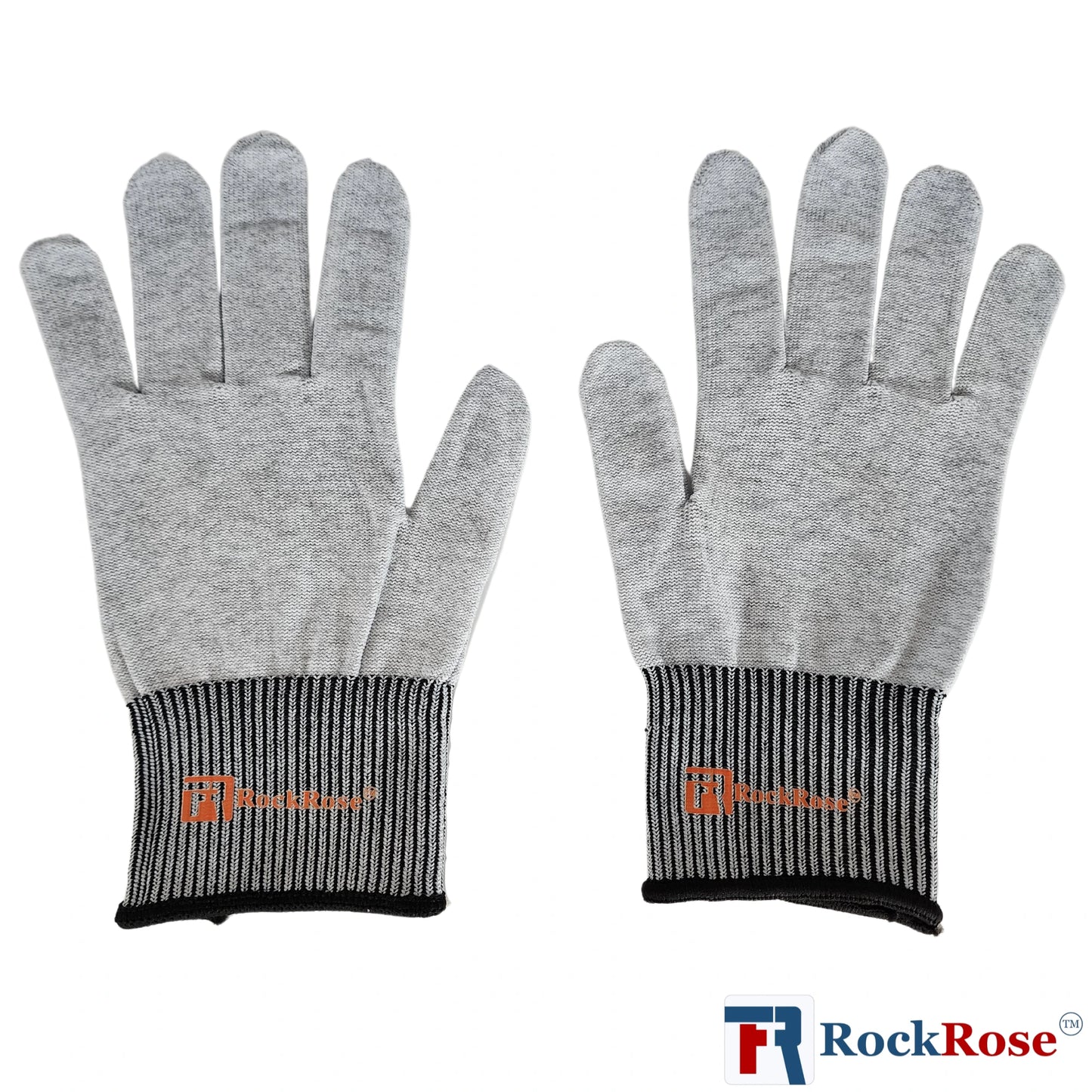 Pair of gray gloves with black cuffs on a white background, featuring the RockRose logo.