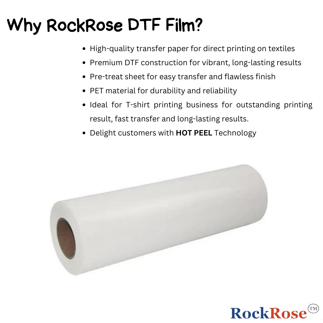 Rockrose DTF Film Roll Sublimation Paper for Dark & Light Fabrics - Powder & Inkjet Transfer Paper Roll - Polyethylene Terephthalate Material Sublimation Transfer Paper