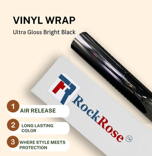 RockRose Ultra-Gloss Vinyl Wrap - Car Wrap Film for Interior Applications - Air Release Feature Vehicle Wrap Vinyl - UV Resistance Adhesive Back Automotive Vinyl - Bright Black