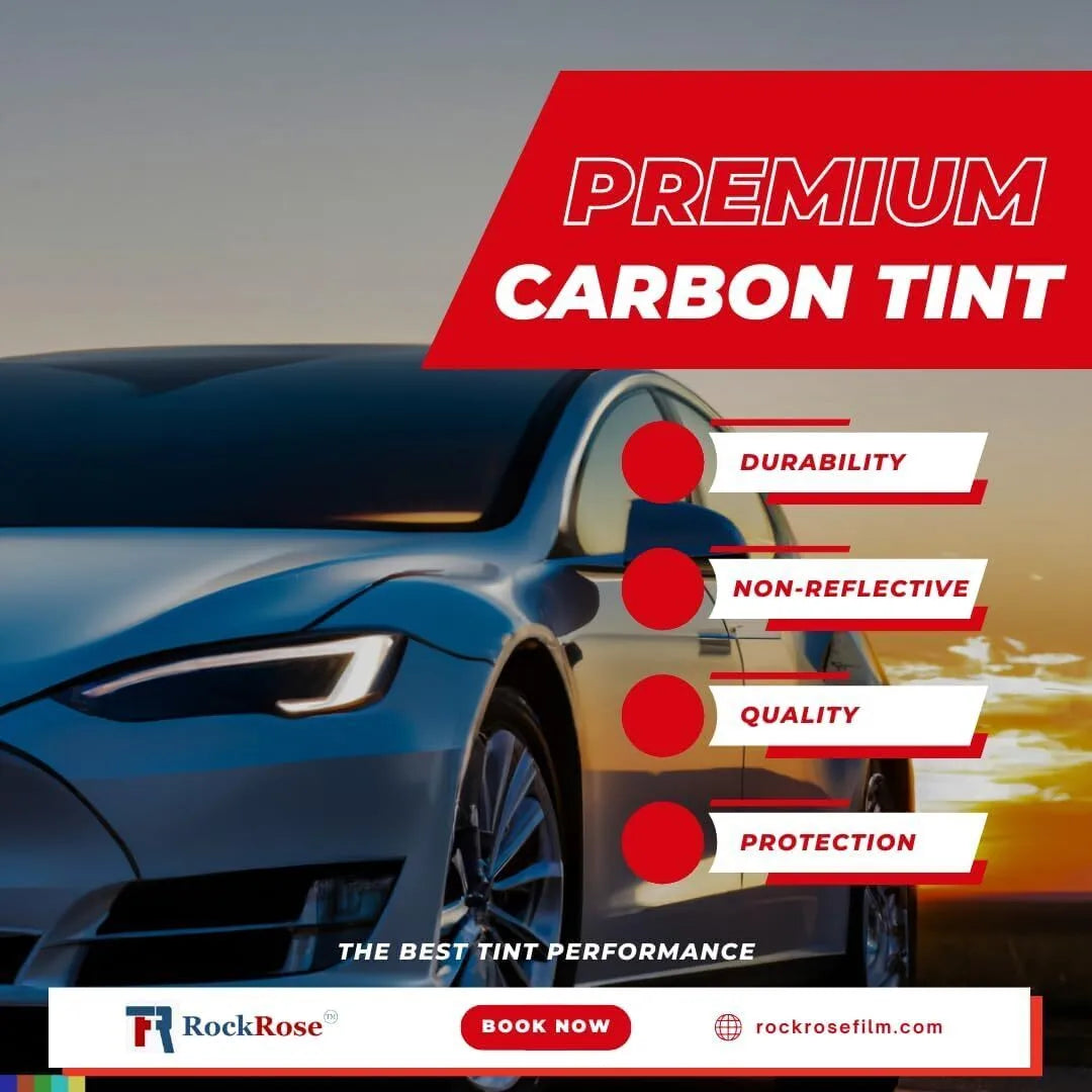 Advertisement for premium carbon tint on a car with features listed and RockRose branding.