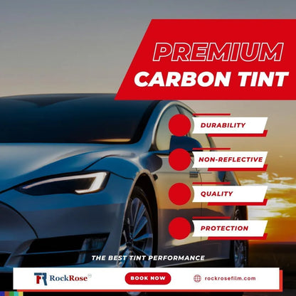 Advertisement for premium carbon tint on a car with features listed and RockRose branding.