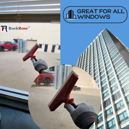 Window cleaning tool with RockRose logo and text 'Great for all windows' against a building background.