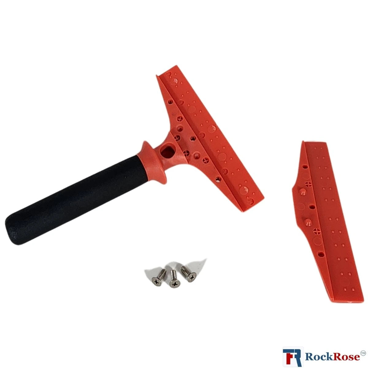 Red squeegee with black handle and additional red blade on a white background, featuring RockRose logo.