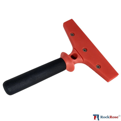Red squeegee with black handle on a white background, featuring the RockRose logo.
