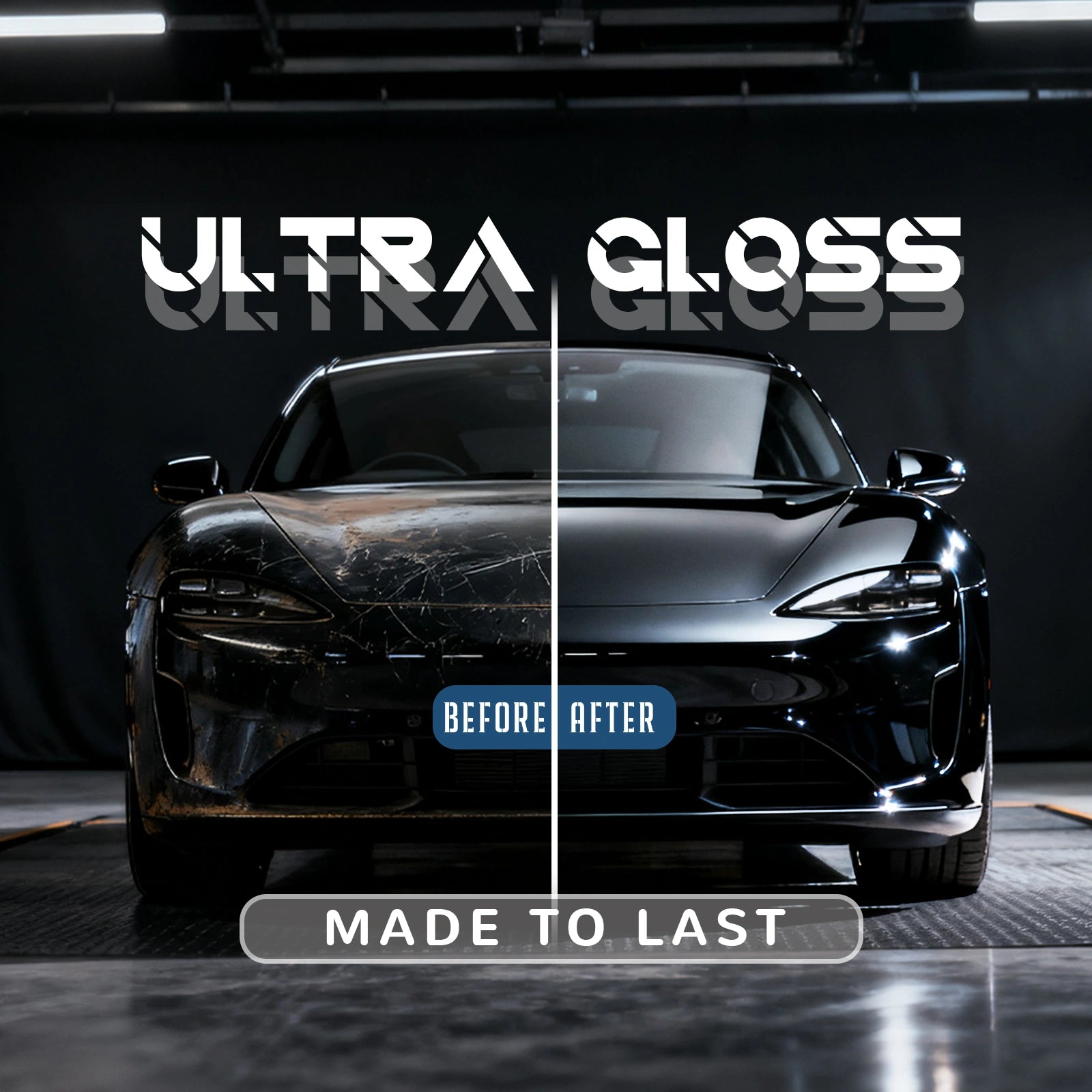 Before and after comparison of RockRose Gloss Black Vinyl Wrap showing dramatic transformation from faded paint to high-gloss black finish.