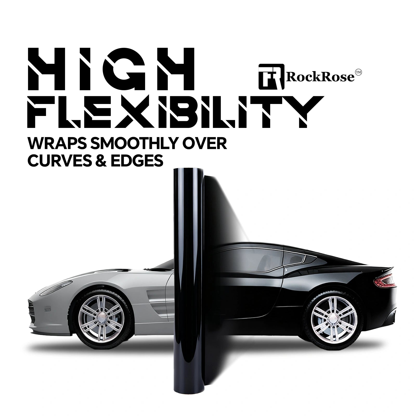 RockRose Gloss Black Vinyl Wrap showing high flexibility – wraps smoothly over vehicle curves and edges with seamless finish.