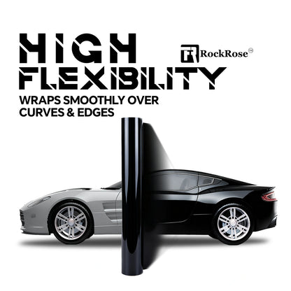 RockRose Gloss Black Vinyl Wrap showing high flexibility – wraps smoothly over vehicle curves and edges with seamless finish.