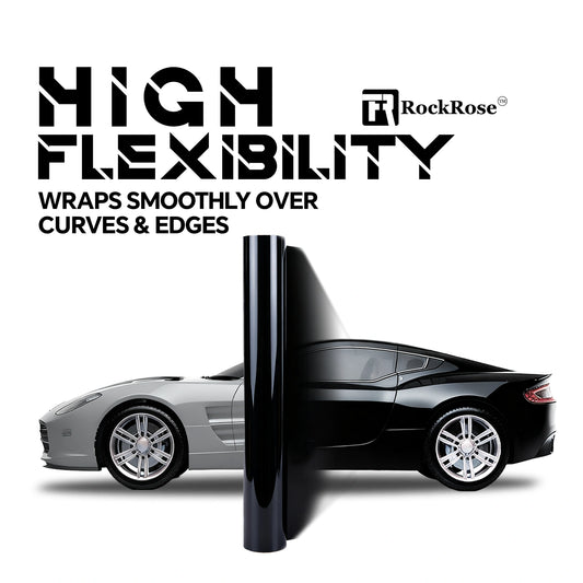 RockRose Gloss Black Vinyl Wrap showing high flexibility – wraps smoothly over vehicle curves and edges with seamless finish.