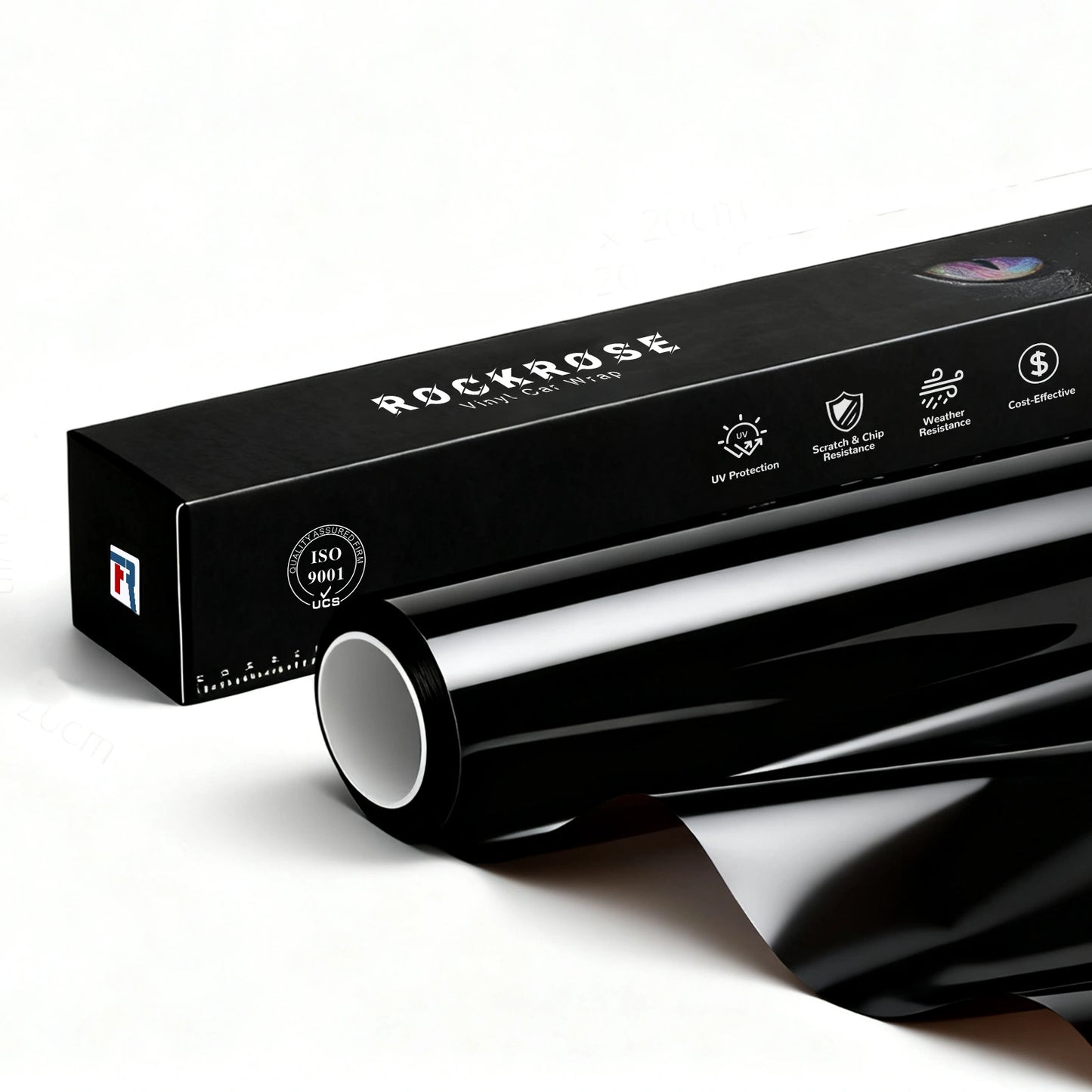 RockRose Gloss Black Vinyl Wrap roll and packaging – premium car wrap film with UV protection, scratch resistance, and durable piano finish.