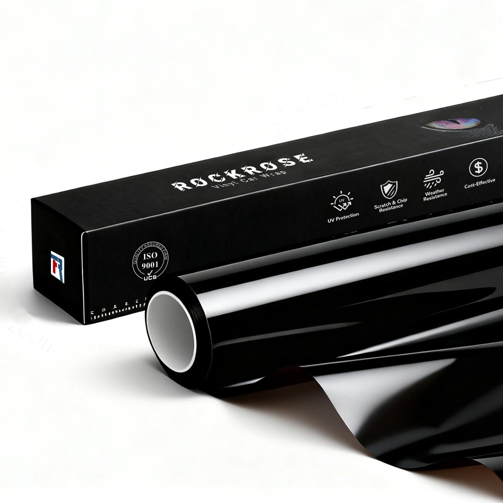 RockRose Gloss Black Vinyl Wrap roll and packaging – premium car wrap film with UV protection, scratch resistance, and durable piano finish.