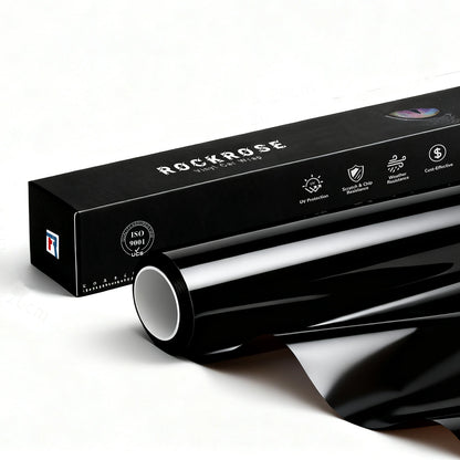 RockRose Gloss Black Vinyl Wrap roll and packaging – premium car wrap film with UV protection, scratch resistance, and durable piano finish.