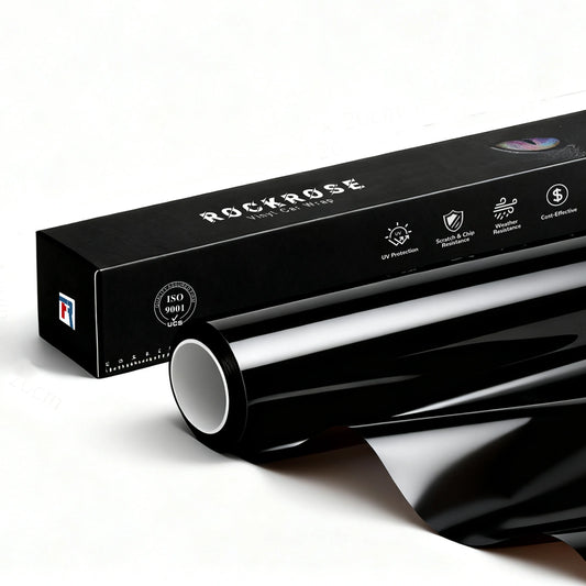 RockRose Gloss Black Vinyl Wrap roll and packaging – premium car wrap film with UV protection, scratch resistance, and durable piano finish.