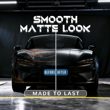 Before and after comparison of RockRose Matte Black Vinyl Wrap – durable car wrap film showing transformation from worn paint to smooth matte finish.