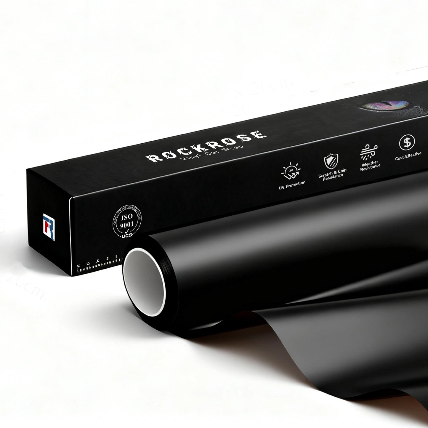 RockRose Matte Black Vinyl Wrap roll and packaging – premium automotive car wrap film with UV protection and weather resistance.