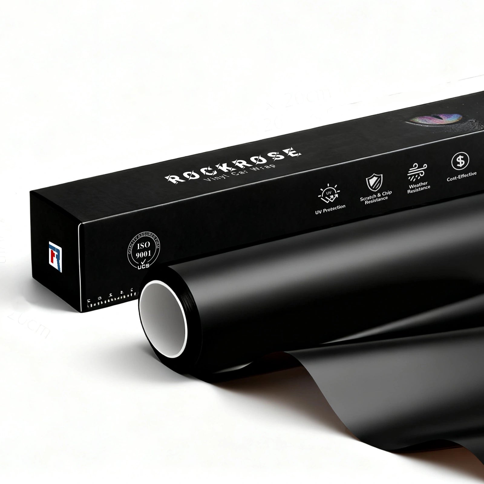 RockRose Matte Black Vinyl Wrap roll and packaging – premium automotive car wrap film with UV protection and weather resistance.