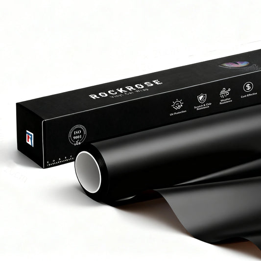 RockRose Matte Black Vinyl Wrap roll and packaging – premium automotive car wrap film with UV protection and weather resistance.