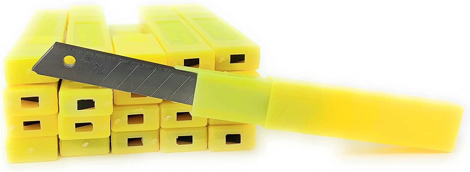 Multiple set of Yellow plastic tool with a metal blade on a white background