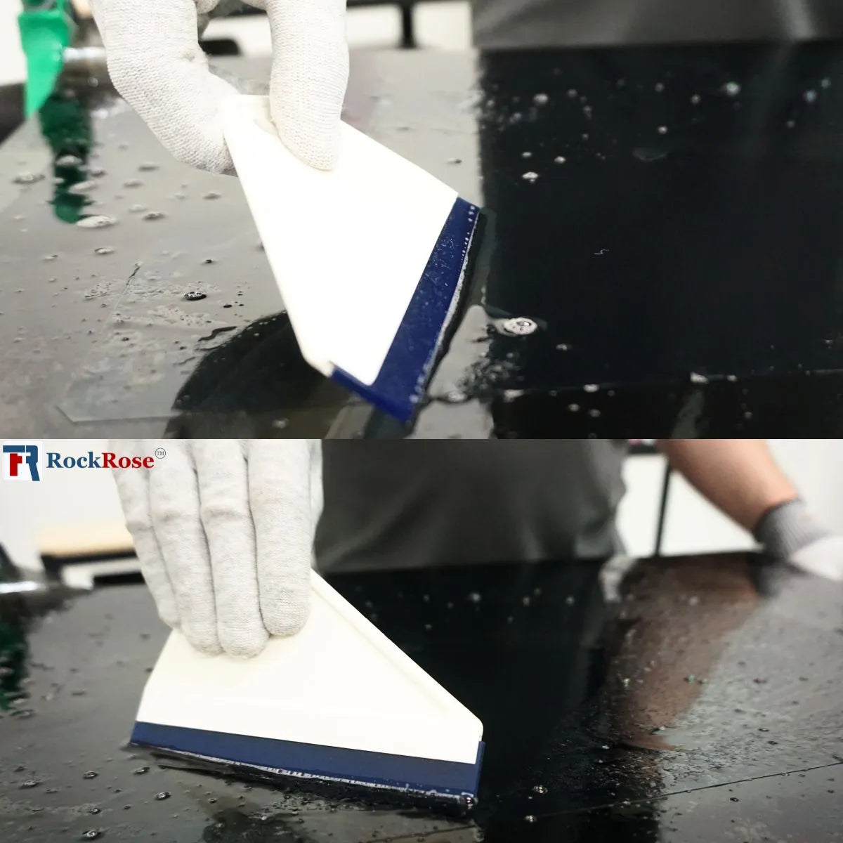 Using a white and blue squeegee car window with a squeegee, wearing gloves, with RockRose logo